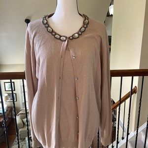 2 Piece Jones New York Embellished Jeweled Champagne Cardigan Sweater & Shell
